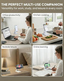Collage of a multi-device stand in various settings including office, kitchen, bedroom, and study.