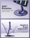 Phone stand with 360-degree rotation and height/angle adjustment features on a purple background.