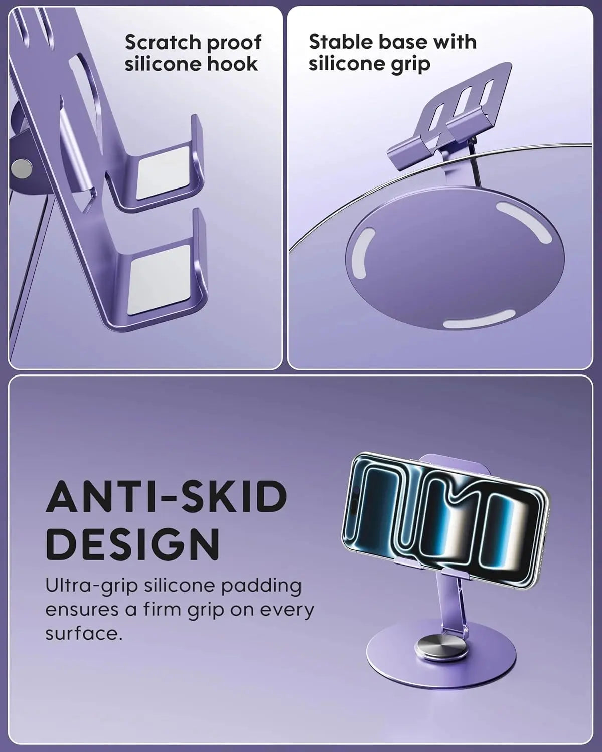 Purple phone stand with scratch-proof silicone hook and stable base on a purple background