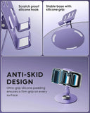 Purple phone stand with scratch-proof silicone hook and stable base on a purple background