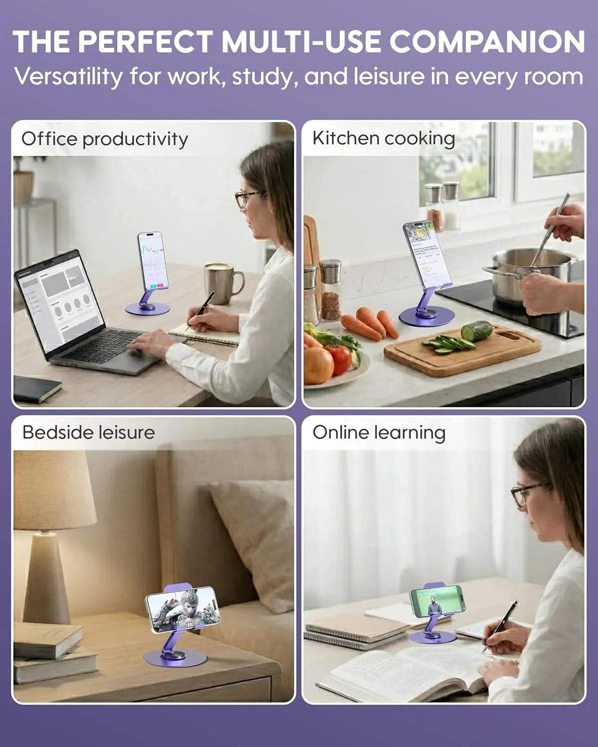 Collage of a multi-use device in various settings including office, kitchen, and bedroom.