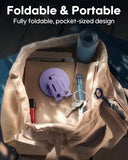 Open beige bag with various items including a blue water bottle, purple circular object, keys, and scissors, with text 'Foldable & Portable' and 'Fully foldable, pocket-sized design'.