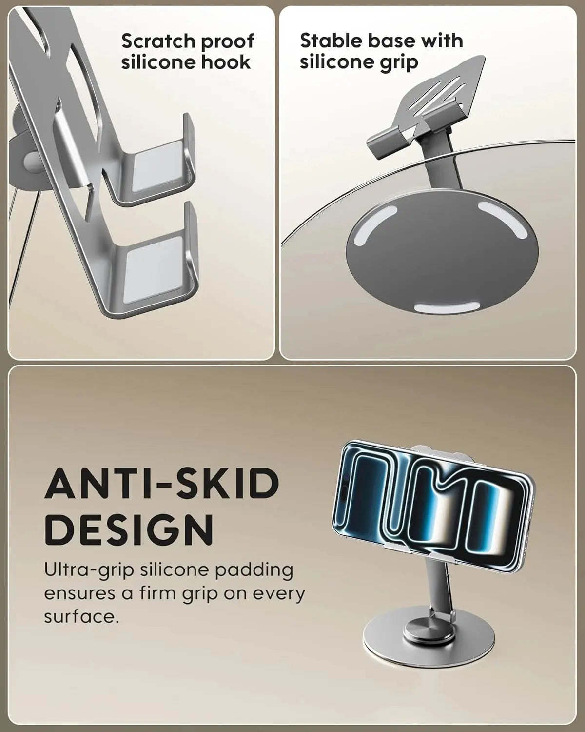 Phone holder with scratch-proof silicone hook, stable base with silicone grip, and anti-skid design on a beige background.
