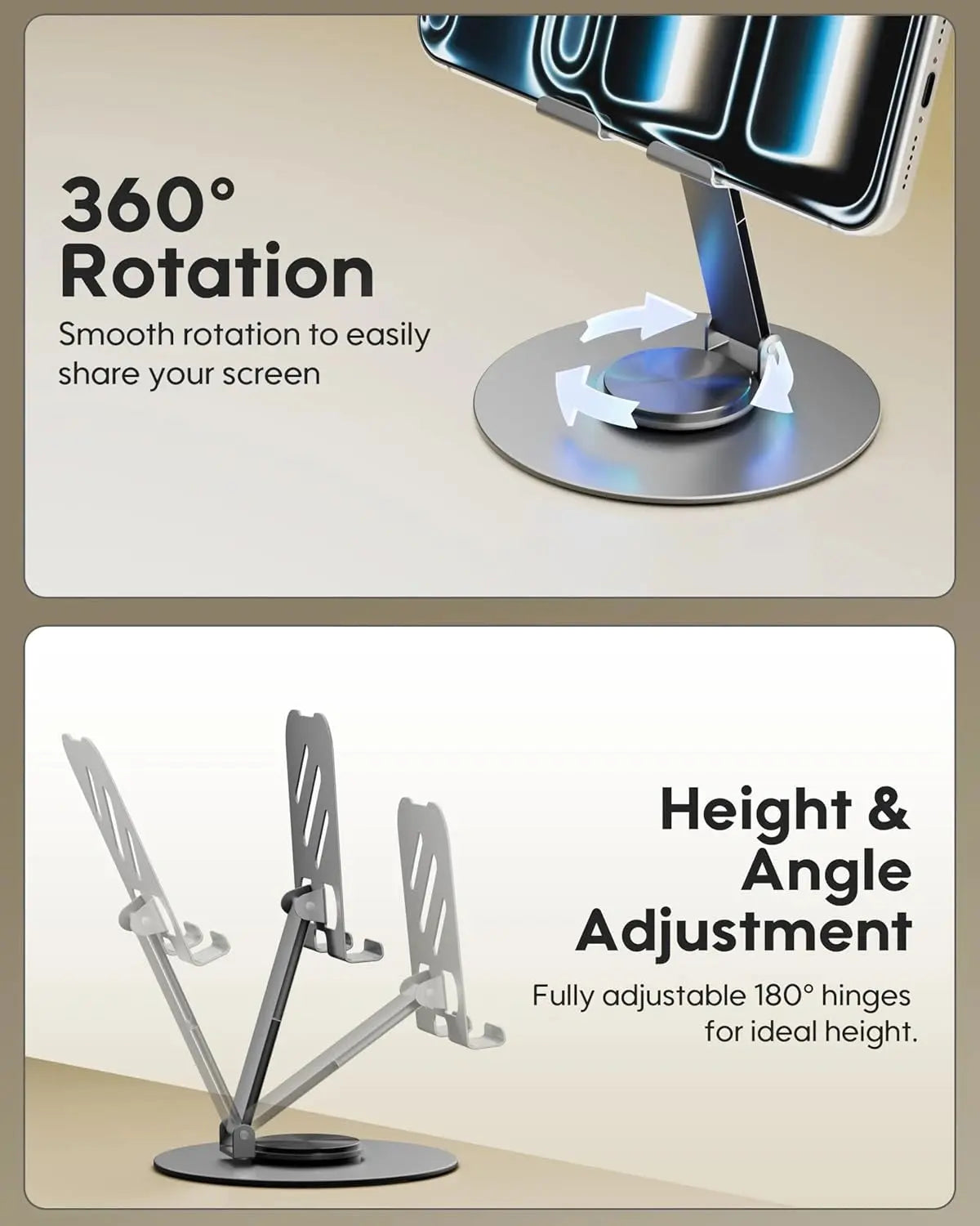 Phone stand with 360-degree rotation and height/angle adjustment features on a beige background.