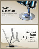 Phone stand with 360-degree rotation and height/angle adjustment features on a beige background.