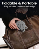 Foldable and portable device held over a brown leather bag with text highlighting its features.