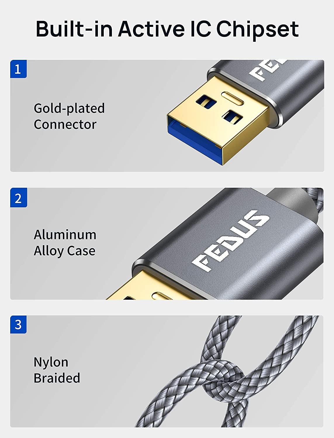 FEDUS USB 3.0 Extension Cable, Aluminum Alloy USB Cable Extender SuperSpeed USB 3.0 Type A Male to USB A Female Extension Cord for Printer, TV, Playstation, Xbox, Hard Drive, Keyboard, USB hub - FEDUS