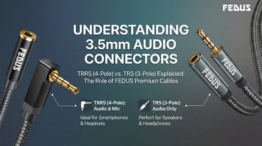 3.5mm audio connectors comparison showing TRRS vs TRS connectors with FEDUS L-shape and straight audio cables
