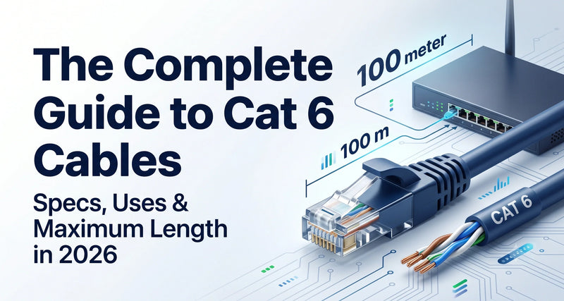 Cat 6 Ethernet cable with RJ45 connector illustrating cable specifications, networking uses, and maximum 100-meter length.