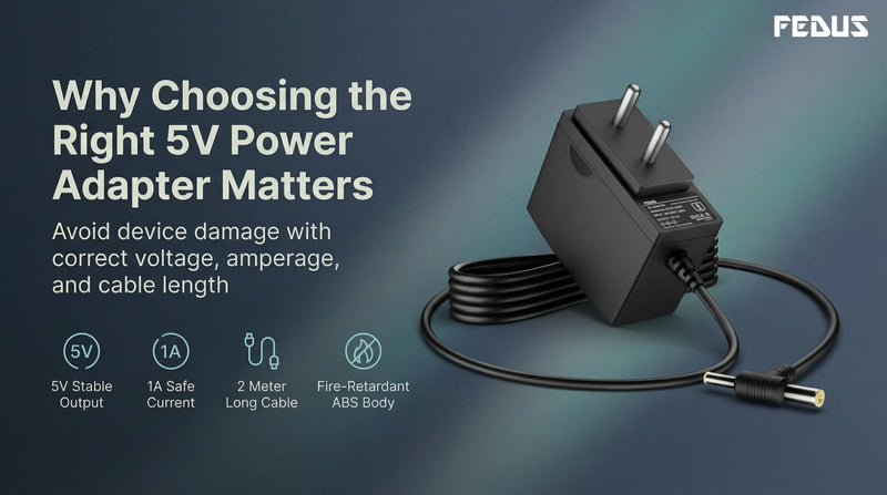 FEDUS 5V 1A power adapter with 2 meter cable for set top box, CCTV camera and network devices