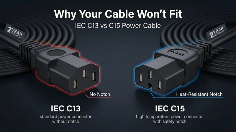 Comparison of IEC C13 vs C15 power cable connectors showing no notch on C13 and heat-resistant safety notch on C15 connector.