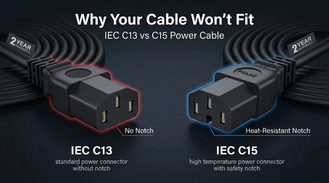 Comparison of IEC C13 vs C15 power cable connectors showing no notch on C13 and heat-resistant safety notch on C15 connector.
