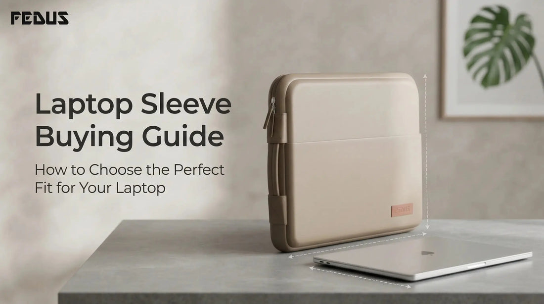 Premium black laptop sleeve size guide showing 39 cm length, 28.5 cm width and 3 cm thickness on desk setup