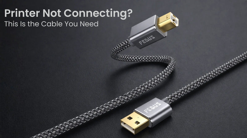 USB-A to USB-B printer cable used to connect printers and scanners to computers