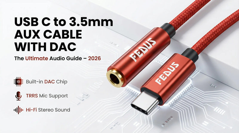 FEDUS USB C to 3.5mm aux cable with built-in DAC chip and TRRS mic support for car stereo, headphones, and speakers