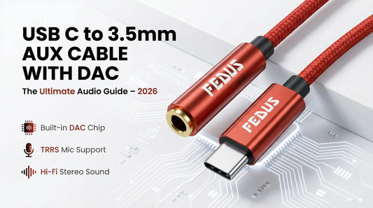 FEDUS USB C to 3.5mm aux cable with built-in DAC chip and TRRS mic support for car stereo, headphones, and speakers