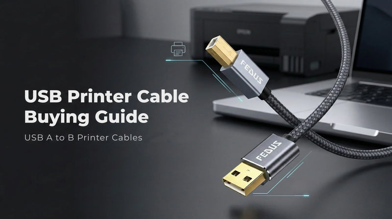 USB printer cable USB A to B connected to laptop and printer, buying guide for printers and audio devices