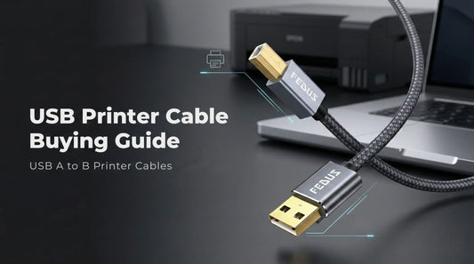 USB printer cable USB A to B connected to laptop and printer, buying guide for printers and audio devices
