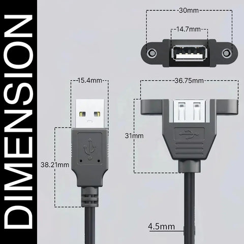 FEDUS Panel- Mount USB 2.0 Male to Female Extension Cable, 17-inch /43cm USB 2.0 Type A Male to Type A Female with Screw Hole Panel Mount Adapter External Cable