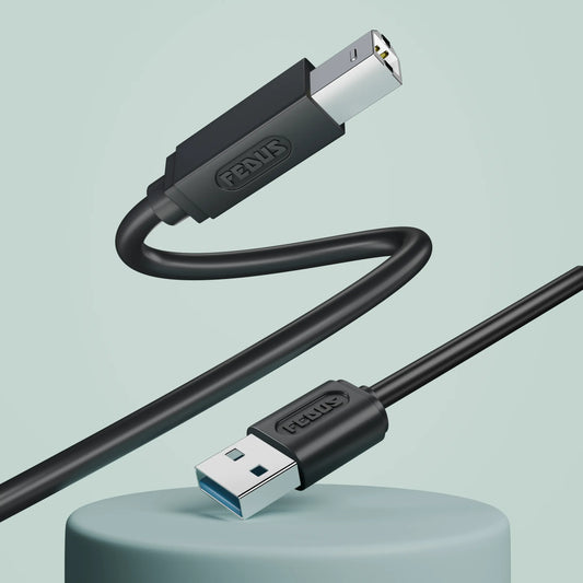 USB cable with a USB-A cable for printer on one end and a micro-USB connector on the other against a teal background.