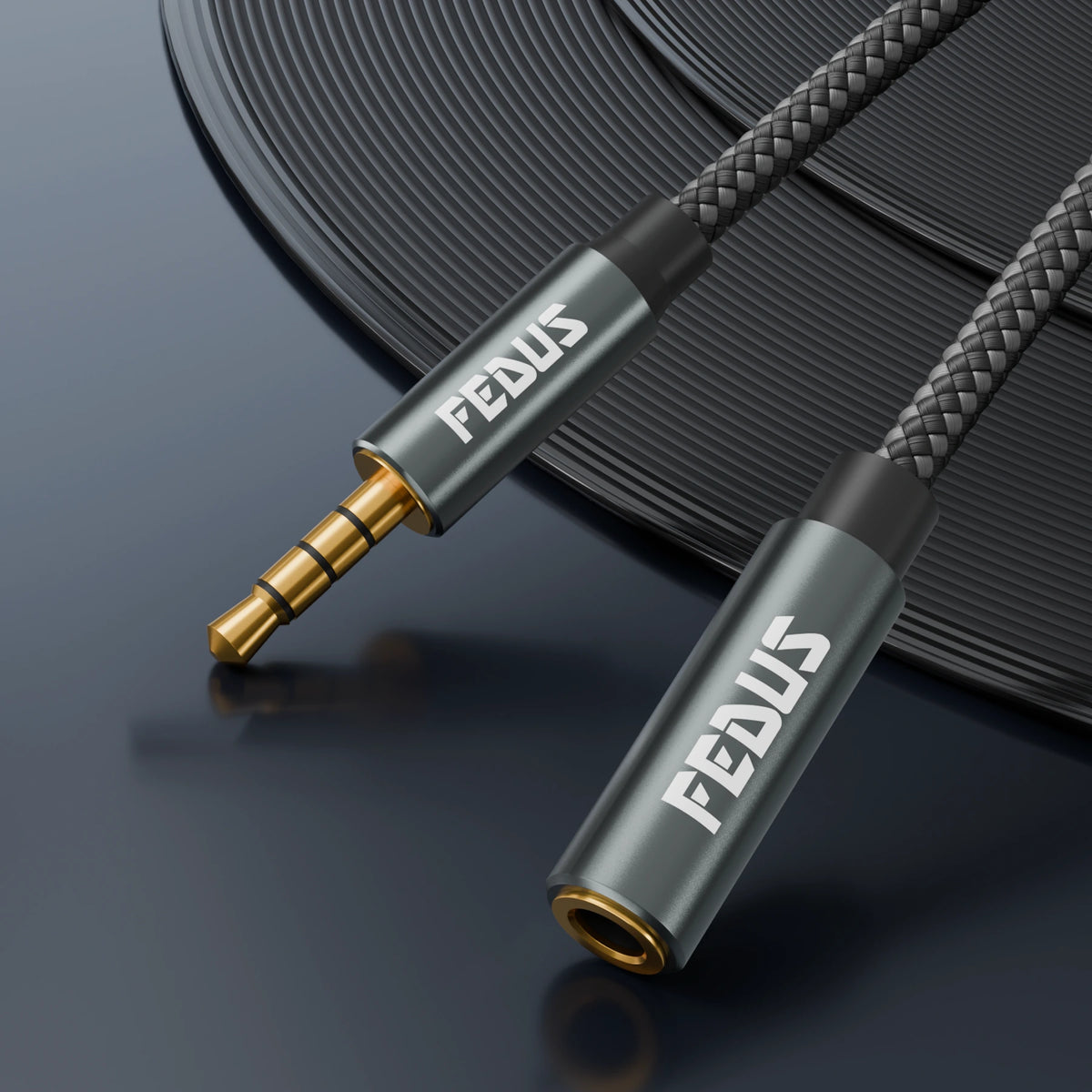 audio cable with 3.5mm male and female connectors, branded FEDUS.