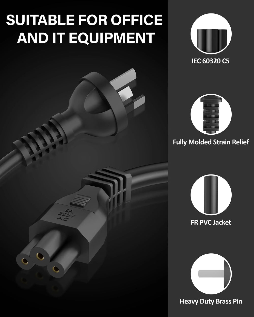 FEDUS 1.8M 3 Prong AU Australia SAA 3 Pins Plug 18 AWG Power Cord with IEC 320 C5 AU Plug Clover Leaf Laptop Pure Copper Power Cable for PCs Monitors Power adapters, Printer, Appliances Cheeku Technologies