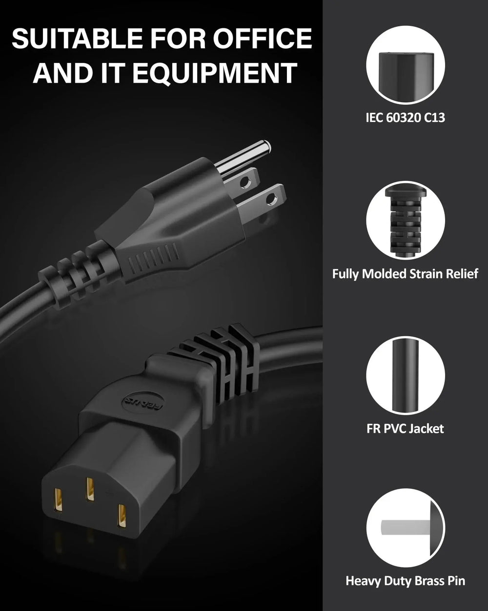 FEDUS 1.8 Meter Type B USA/Canada/Japan/America Universal Computer Monitor Power Cord, type B to C13 Power Cable for Monitor, PC, Desktop, Printer, Scanner, 10Amps 18 AWG GA NEMA 5-15P to IEC13 Cheeku Technologies