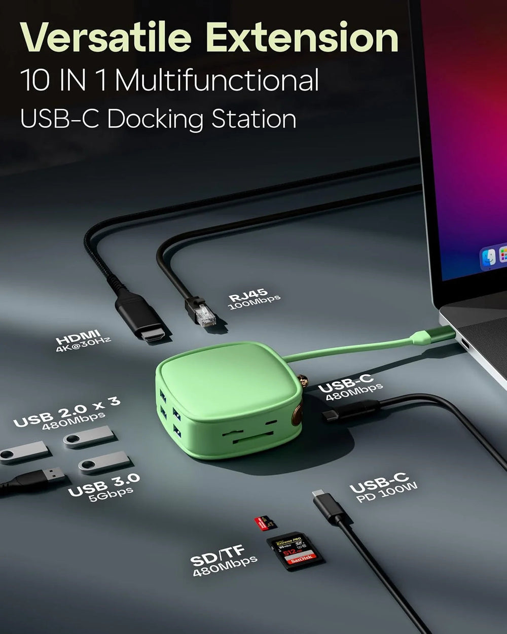 FEDUS 10 in 1 USB C Hub, Type C Docking Station with 4K@30Hz HDMI, 100W Power Delivery, RJ45 LAN, 5Gbps USB 3.0, USB 2.0, SD/TF Card Reader for Laptop, MacBook, iPad, PC, Monitor, Flash Drive, HDD FEDUS