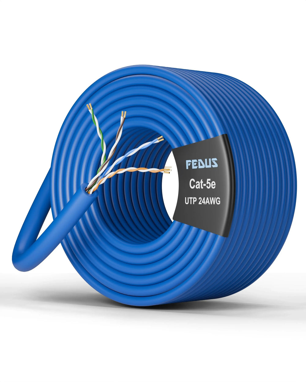 Coiled blue Ethernet cable with FEDUS branding on a white background