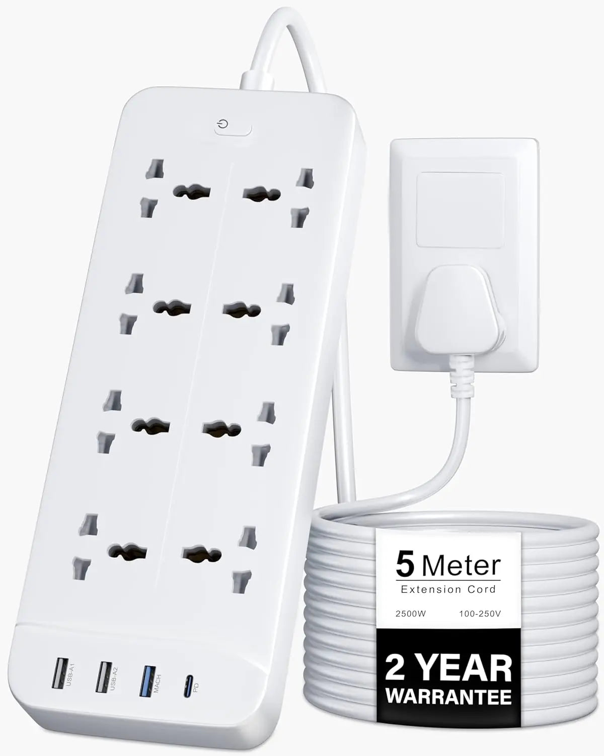 FEDUS Surge Protector, 8 Universal Sockets with USB Port Type A & C, Long Cable, Extension Board Cord, Automatic Overload Protection, Fireproof Power Strip Switch Board, Spike Guard FEDUS