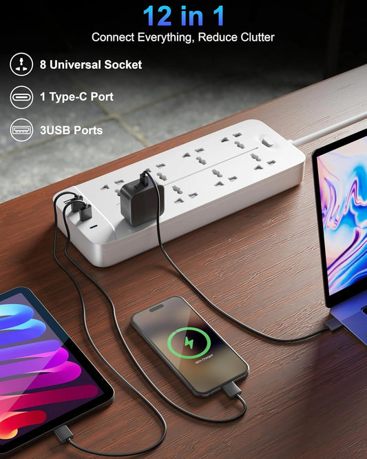 FEDUS Surge Protector, 8 Universal Sockets with USB Port Type A & C, Long Cable, Extension Board Cord, Automatic Overload Protection, Fireproof Power Strip Switch Board, Spike Guard