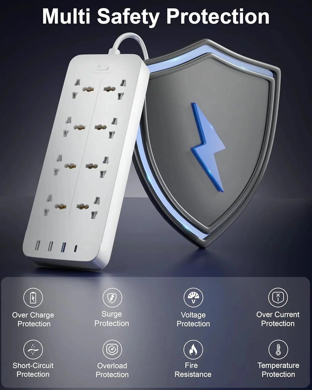 Socket Fire Prof Surge Protector 8 Socket Extension Board with USB A & C – FEDUS