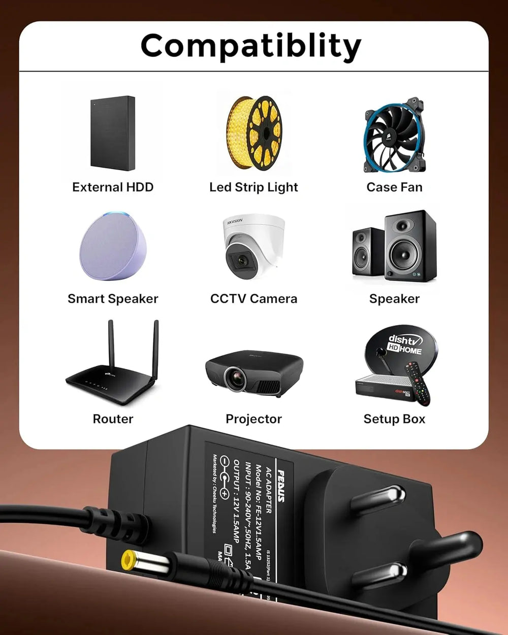 FEDUS 12V 1.5Amp DC Power Adapter, SMPS for LCD Monitor, TV, LED Strip, CCTV, 12 Volt 1.5A Power Adapter, AC Input 100-240V DC Output 12 Volt 1.5A - 2.5mm x 5.5mm Jack FEDUS