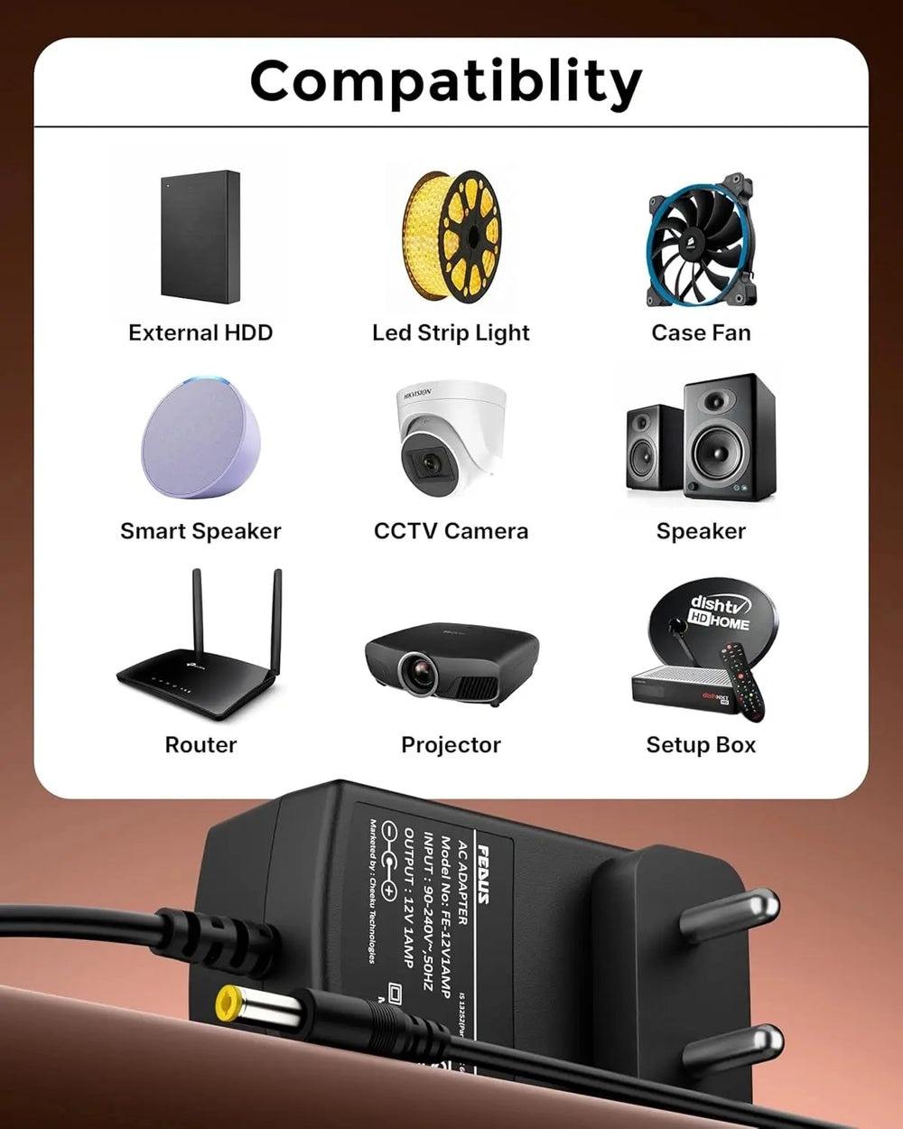Fedus 12V 1A DC Power Supply Adapter, Smps For Lcd Monitor, Tv, Pos Machines, Led Strip, Set Top Boxes, Cctv Cameras, [12 Volt, 1 A Power, Black, 2.5Mm X 5.5Mm Jack] FEDUS