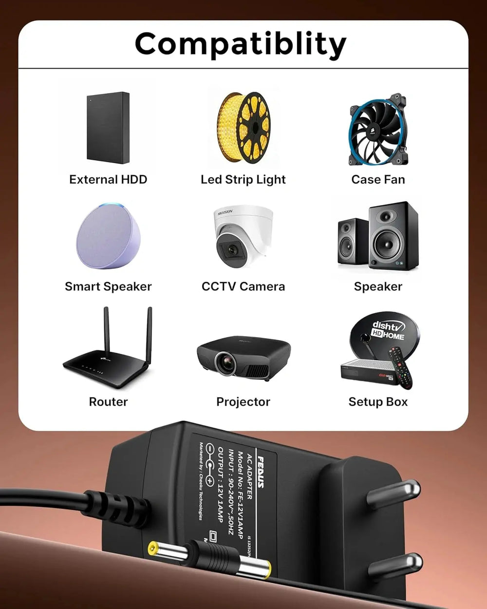 FEDUS 12V 1A DC Power Adapter, Power Supply, SMPS for LCD Monitor, TV, LED Strip, CCTV, 12 Volt 1 Amp Power Adapter, AC Input 100-240V DC Output 12 Volt 1 Amps - 2.5mm x 5.5mm Jack FEDUS