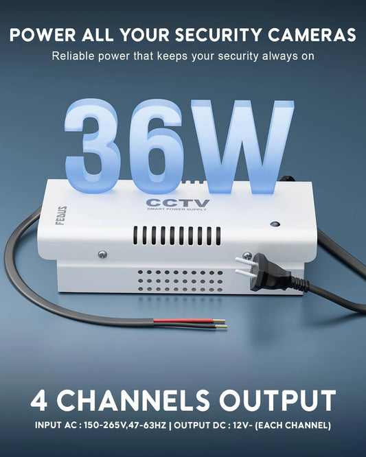 FEDUS 12V DC Metal Body CCTV Power Supply for 4 Channel Security Cameras | 12Volt 3A High Efficiency SMPS Adapter with Voltage Booster for Long Distance for Video Surveillance Dome & Bullet Camera