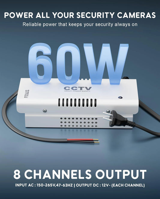 FEDUS 12V DC Metal Body CCTV Power Supply for 8 Channel Security Cameras | 12Volt 5A High Efficiency SMPS Adapter with Voltage Booster for Long Distance for Video Surveillance Dome & Bullet Camera