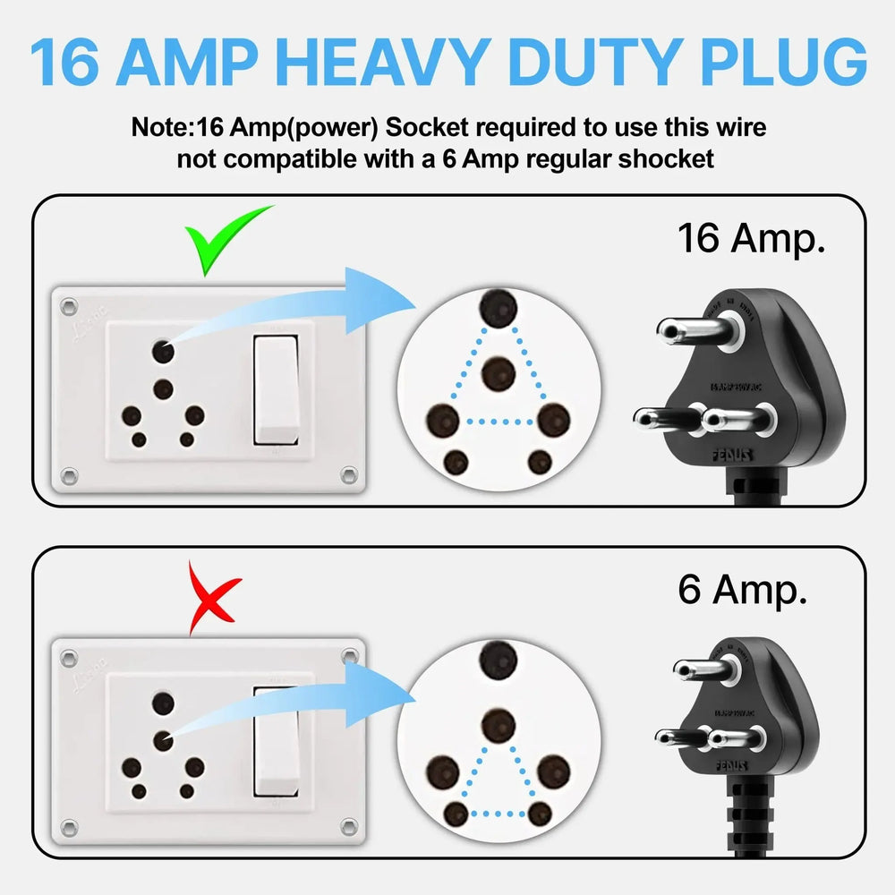 FEDUS 16A 250v Heavy Duty Copper Power Cord 16 Amp Indian Power Plug to IEC 13 Socket, 3 Pin Power Plug Cord FEDUS