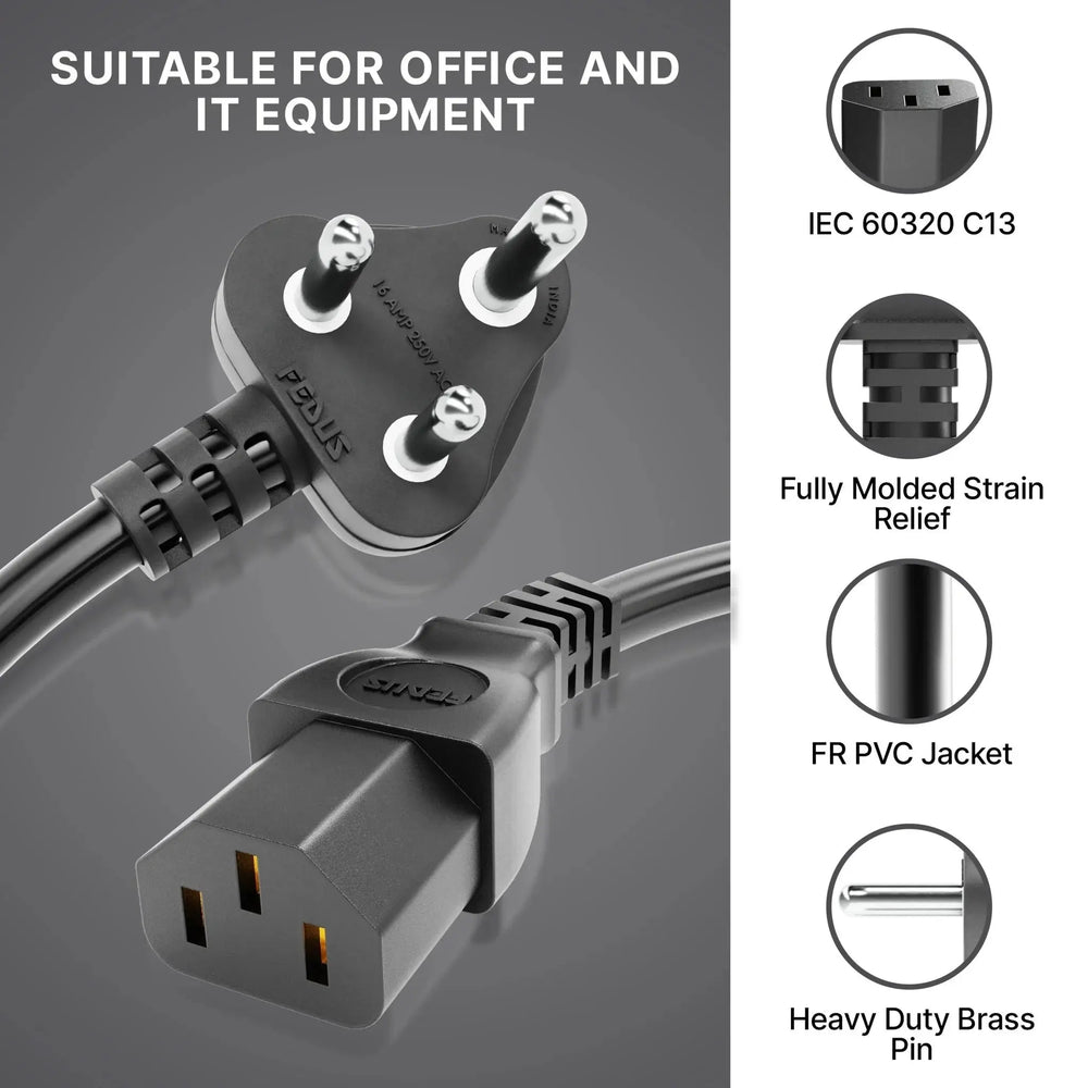 FEDUS 16A 250v Heavy Duty Copper Power Cord 16 Amp Indian Power Plug to IEC 13 Socket, 3 Pin Power Plug Cord FEDUS