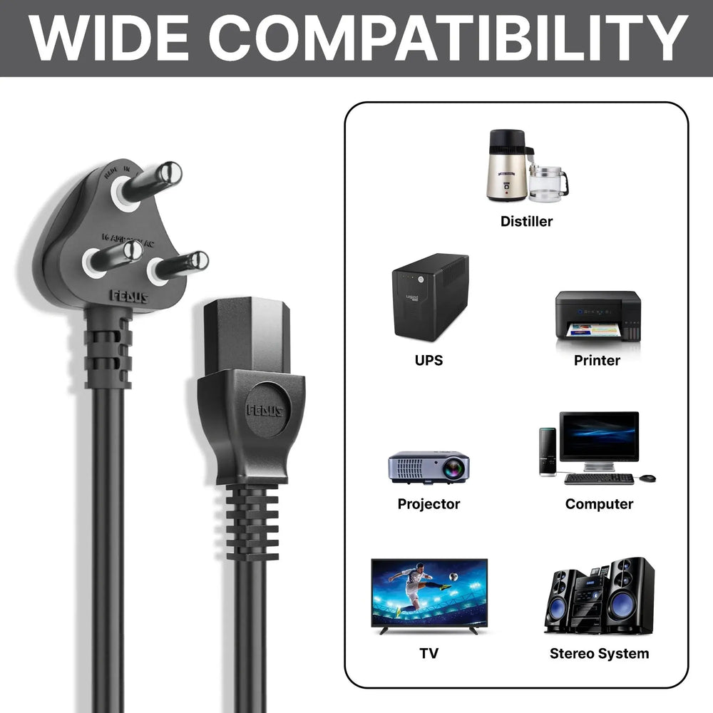FEDUS 16A 250v Heavy Duty Copper Power Cord 16 Amp Indian Power Plug to IEC 13 Socket, 3 Pin Power Plug Cord FEDUS