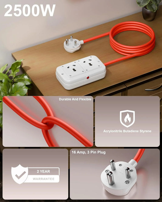 FEDUS 16amp 2500 Watts Heavy-Duty High Load Capacity Electric Power Extension Switch Board 1.5 SQ MM Cord with 2 Sockets, for Oven, EV Charger Charging, Press, Induction Stove, AC FEDUS
