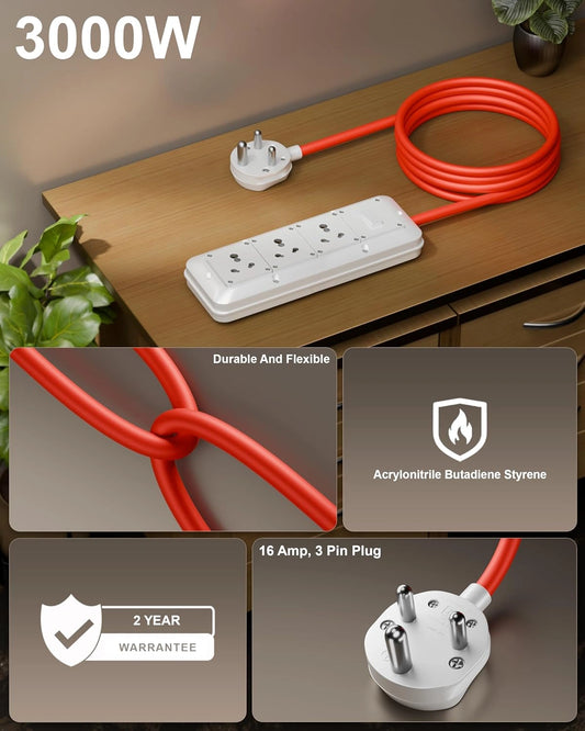 FEDUS 16amp 3000 Watts Extension Board Heavy Duty High Load Capacity Electric Power Cord with 3 Socket 1 Switch, for Oven, EV Charger Charging, Iron Press, Induction Stove, AC