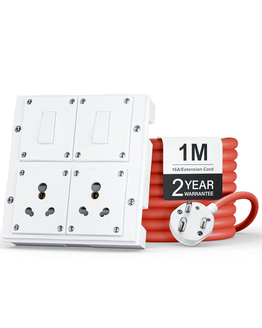 FEDUS 16amp 3000 Watts Heavy Duty High Load Capacity Electric Power Extension Switch Board Cord with 2 Socket 2 Switches,for Oven,EV Charger Charging,Iron Press,Induction Stove, AC FEDUS