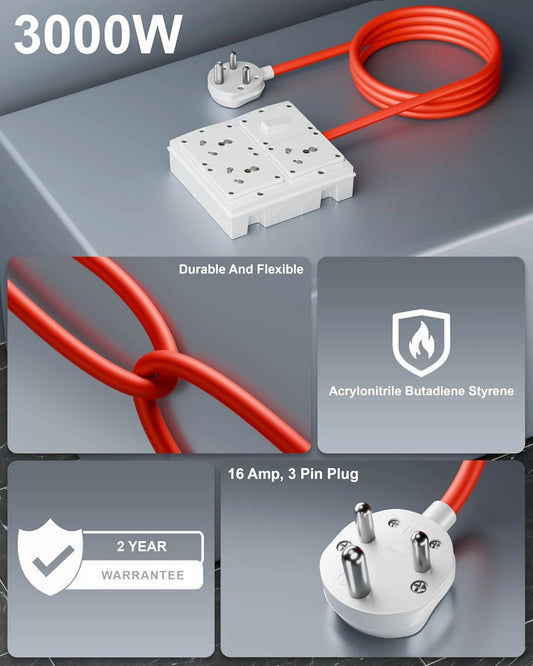 FEDUS 16amp 3000 Watts Heavy Duty High Load Capacity Electric Power Extension Switch Board Cord with 3 Socket 1 Switches,for Oven, EV Charger Charging, Iron Press, Induction Stove, AC