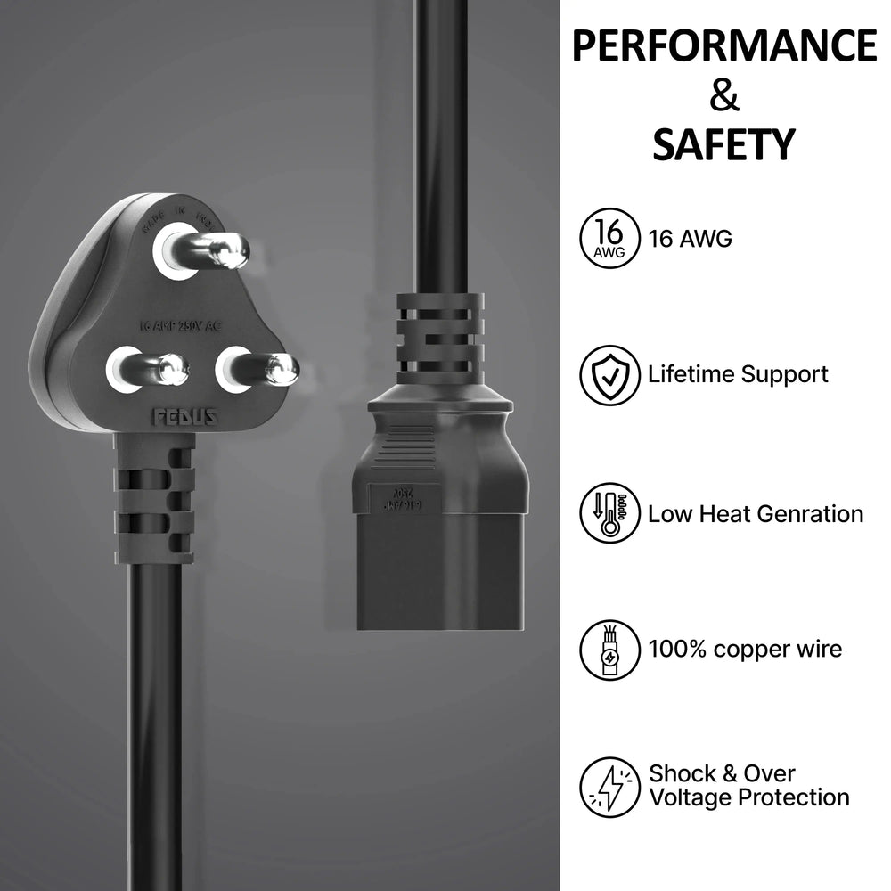 FEDUS 16amp C19 Server AC Power Cord Heavy Duty Mains AC Power Cord, 16A 250V, 16AWG, Computer Power Cord, Heavy Gauge Power Cable for PDUs, UPS Amplifier and Network Equipment-1.5mm² 3-Pin Cheeku Technologies