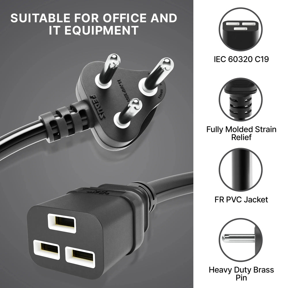 FEDUS 16amp C19 Server AC Power Cord Heavy Duty Mains AC Power Cord, 16A 250V, 16AWG, Computer Power Cord, Heavy Gauge Power Cable for PDUs, UPS Amplifier and Network Equipment-1.5mm² 3-Pin Cheeku Technologies