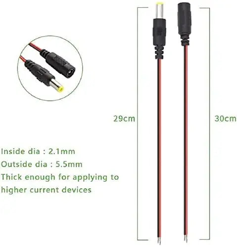 Two red cables with connectors, measurements, and specifications on a white background.