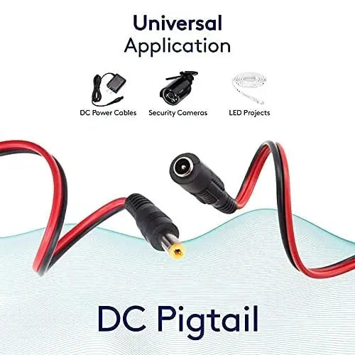 DC Pigtail cable with connectors on a white background, labeled for universal application in DC power cables, security cameras, and LED projects.