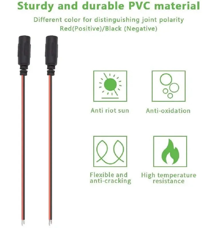 Two red and black connectors with green icons and text describing properties of PVC material.