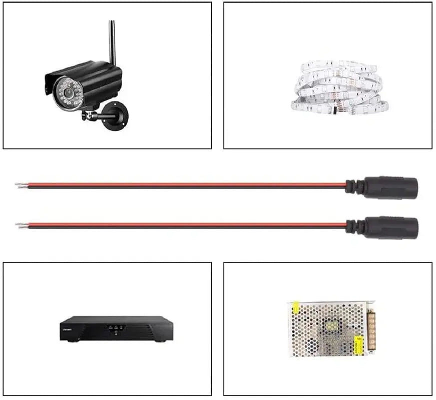 Collection of security camera components including camera, cable, power supply, and LED strip on a white background.